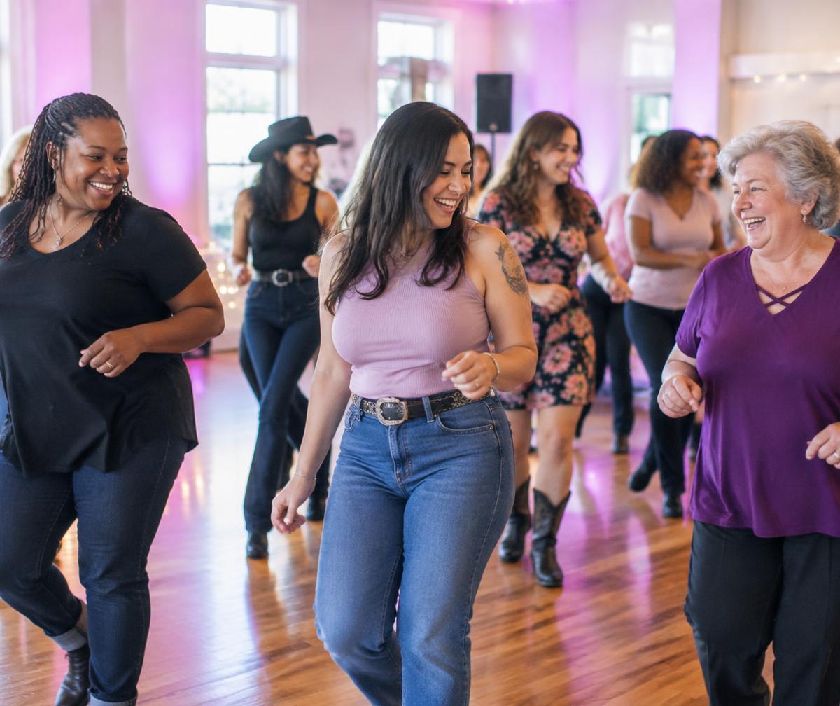 Women laughing together while line dancing